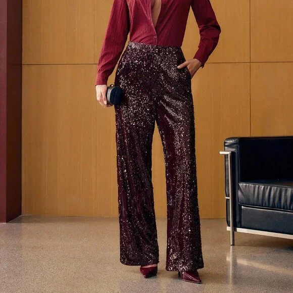 Burgundy Party Women's Contrast Sequin Straight Leg Suit Pants